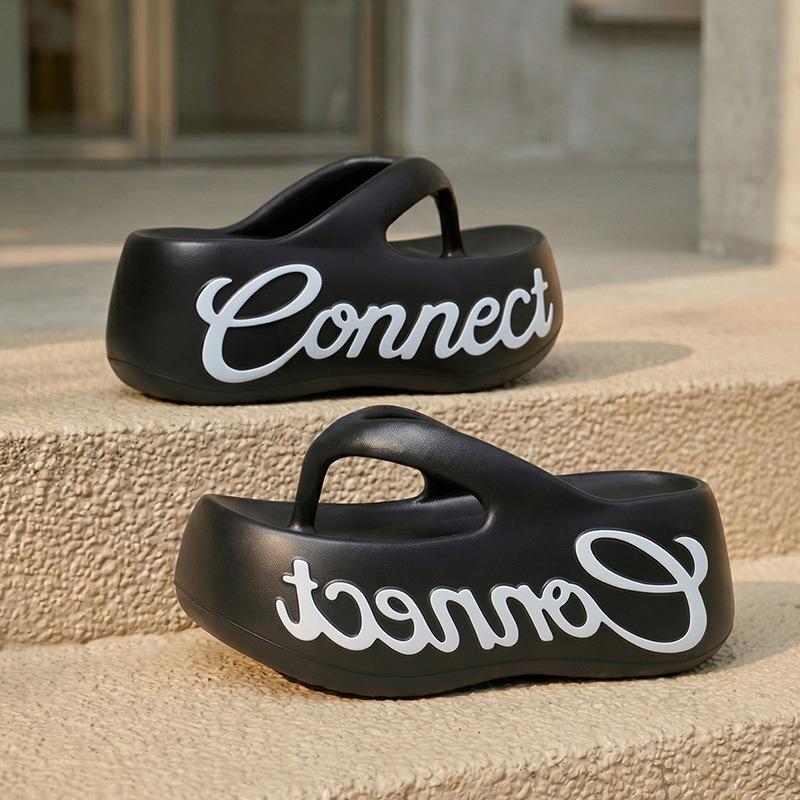 Women s Platform Thong Flip Flops Thick Sole EVA Letter Print Sandals Non-slip Casual Wedge Slides for Summer Beach 36 чёрный