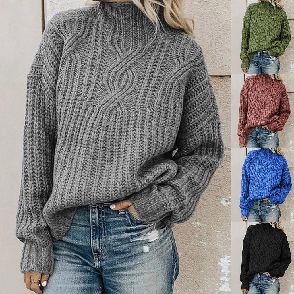 Women's Solid Color Casual Loose Round Neck High Neck Pullover  Knit Sweater
