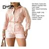 Women's Summer Eyelet Two Piece Outfit Long Sleeve Button Down Shirt with High Waist Shorts Casual Lounge Matching Suit