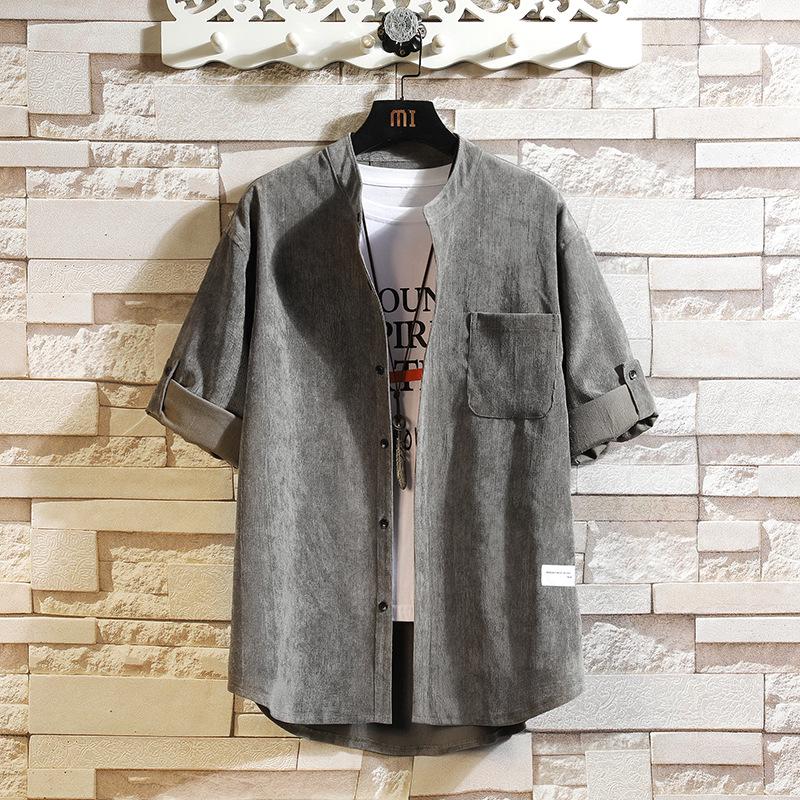 Men s Retro Korean Style Mid-Sleeve Corduroy Shirt - Casual and Trendy M серый