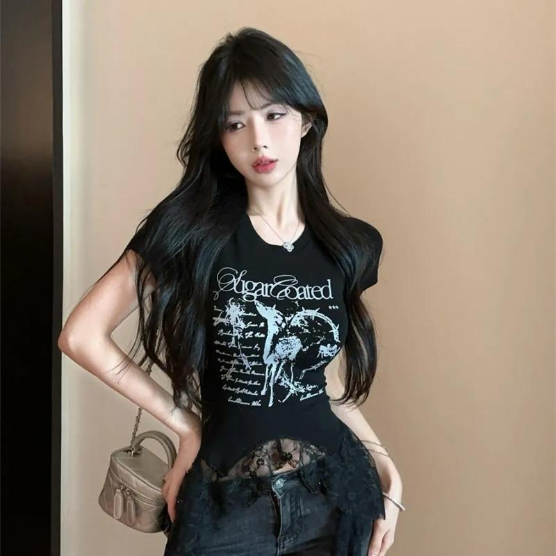 

Women s Retro Street Hottie Lace Splicing Irregular Hem Short-sleeved Top M чёрный