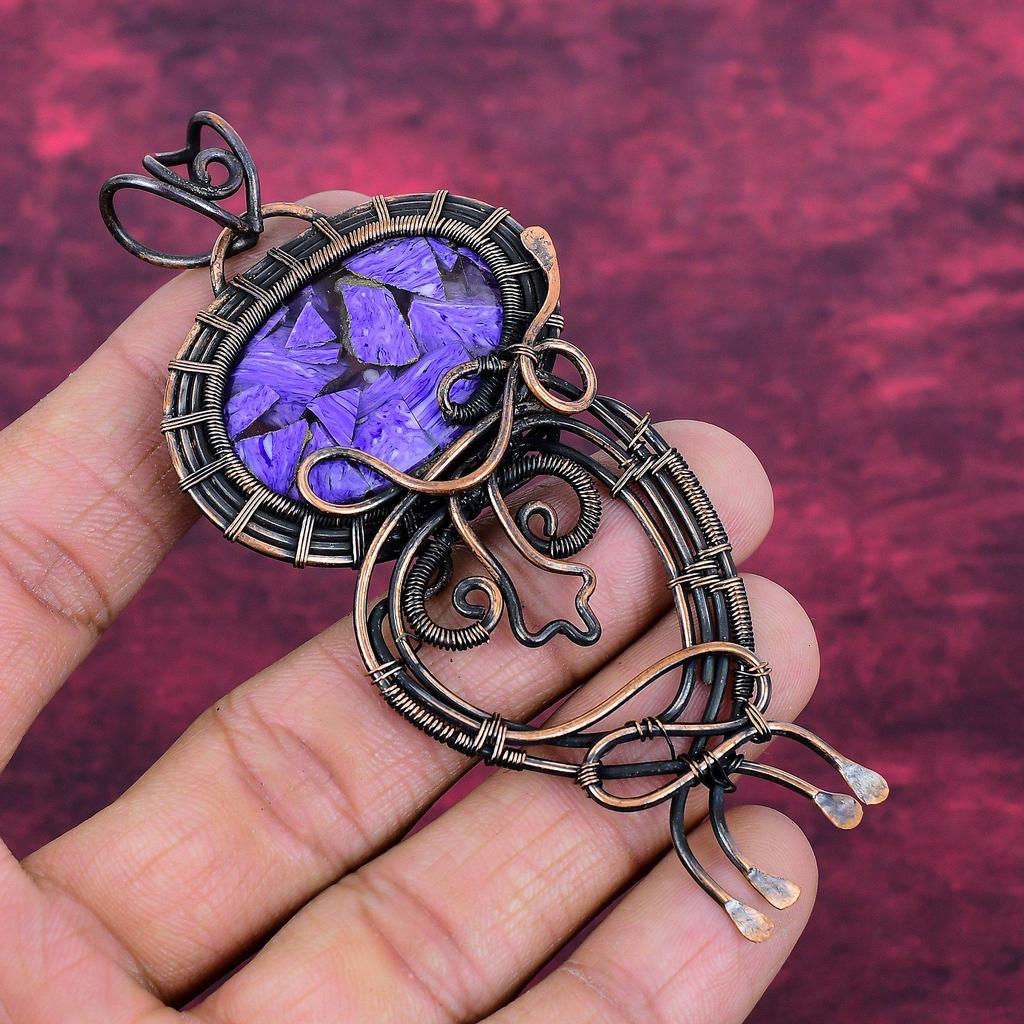 Kupfer Charoit Echter Edelstein Anhänger Handgefertigter Kupferdraht Gewickelter Schmuck