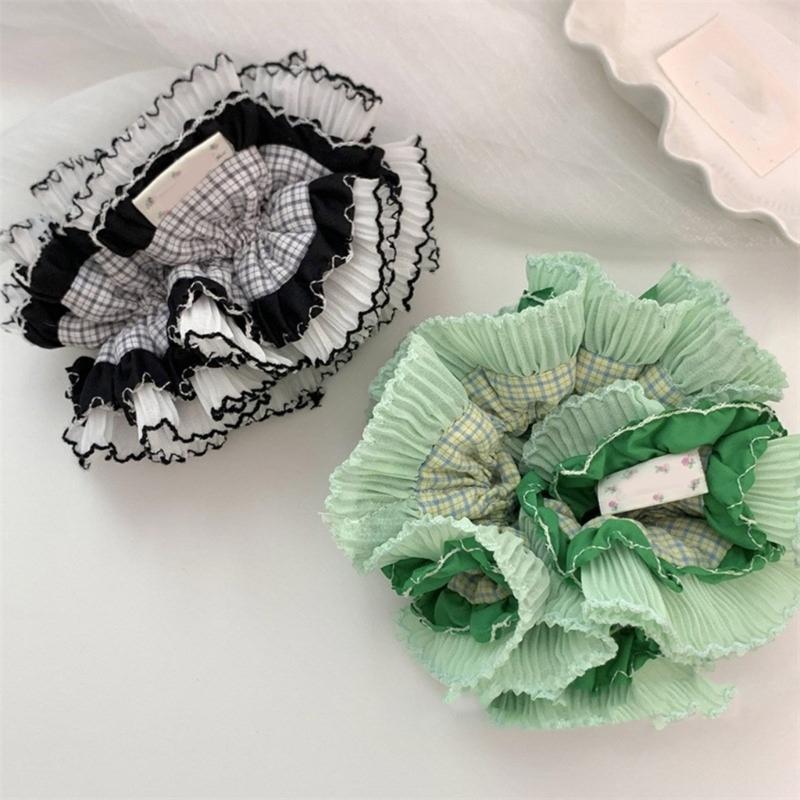 Aesthetic Scrunchies Elastic Multilayer Lace Hair Rope Wedding Party Beach Headwear Big Buns Hair Elastic Check Hairtie