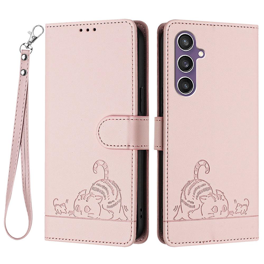 For Samsung Galaxy S23 FE Case with Strap RFID Blocking Leather Wallet Phone Cover Cat Mouse Pattern