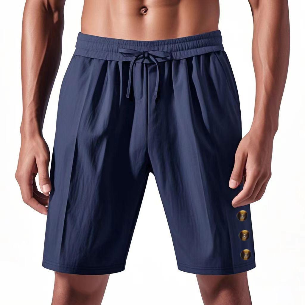Men's Elastic Waist Shorts for Summer Wear Loose Linen Beach Casual Solid Color Five-point American Shorts