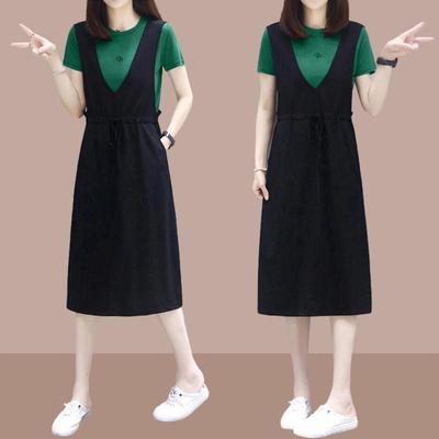 Women's Summer Mid-Length Two-Piece Look Suspender Dress - Loose Waist, Slim Fit, Short Sleeve