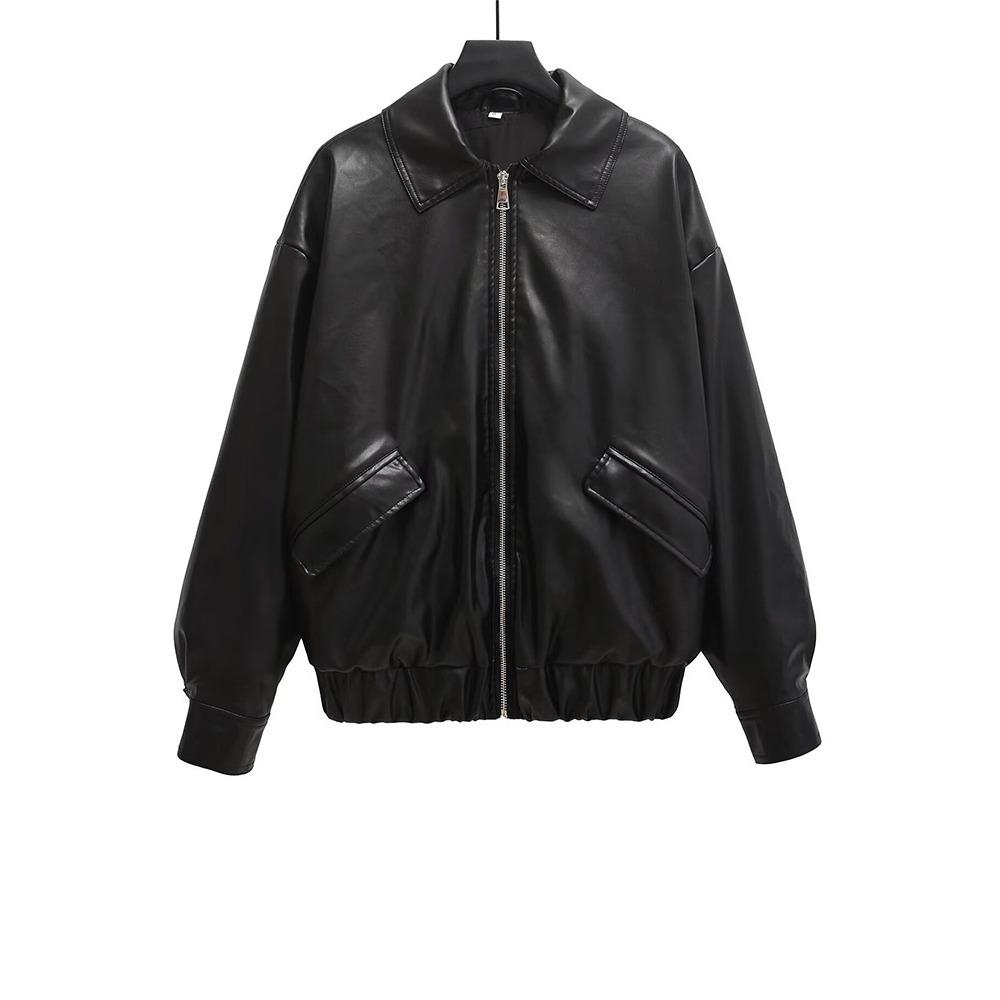 

2024 зимняя куртка из искусственной кожи с лацканами, ветрозащитная, свободная и удобная короткая куртка, кожаная куртка XS чёрный