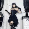 Gothic Goth Dark Lace Patchwork Bandage Strapless Corset Dress Party Gown Fairy Backless Tailed Women