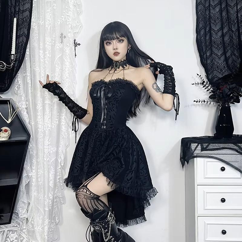 Gothic Goth Dark Lace Patchwork Bandage Strapless Corset Dress Party Gown Fairy Backless Tailed Women