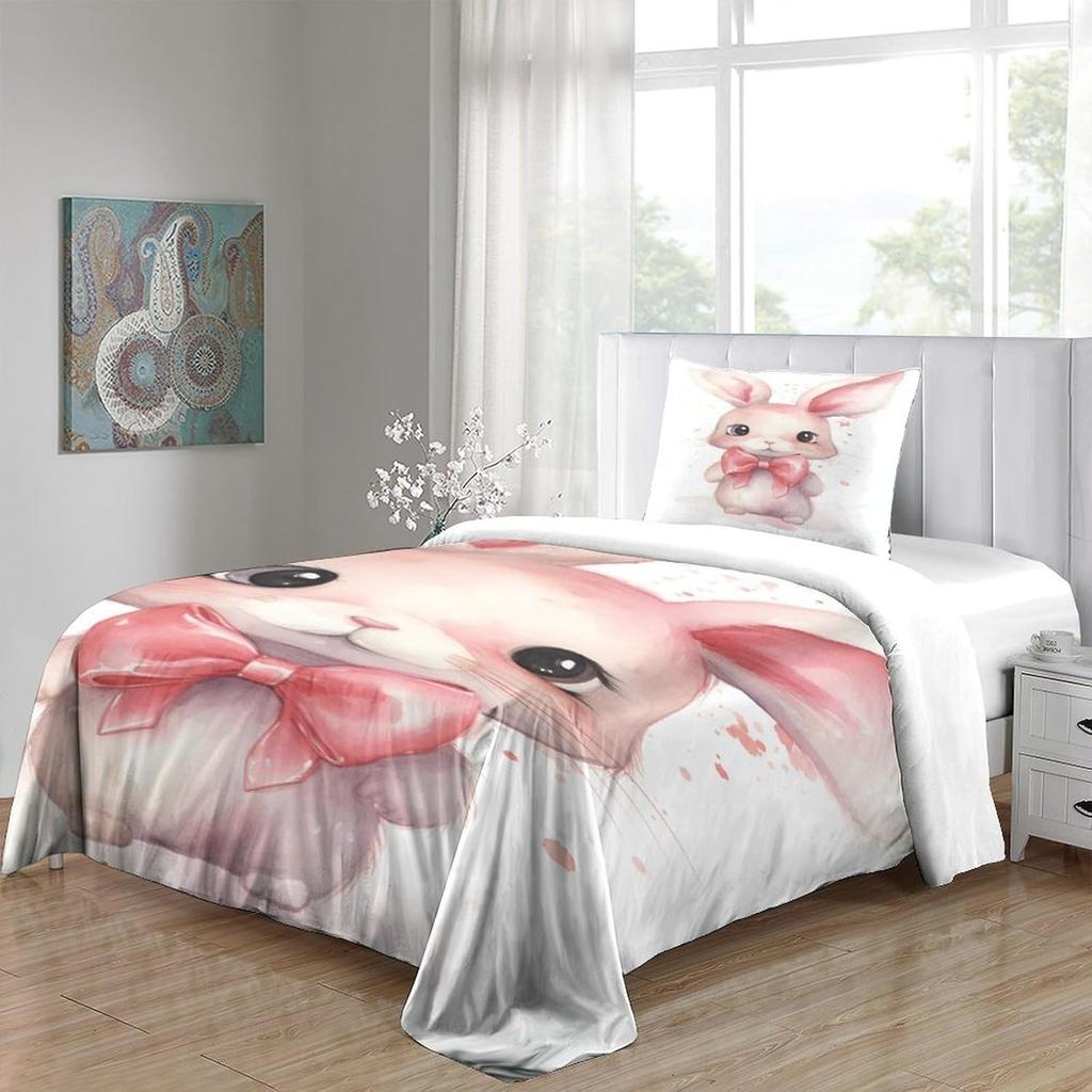 Cartoon rabbit bedding set with 3D printing for children and adults, luxurious ultra-fine fiber soft down duvet cover with zippe