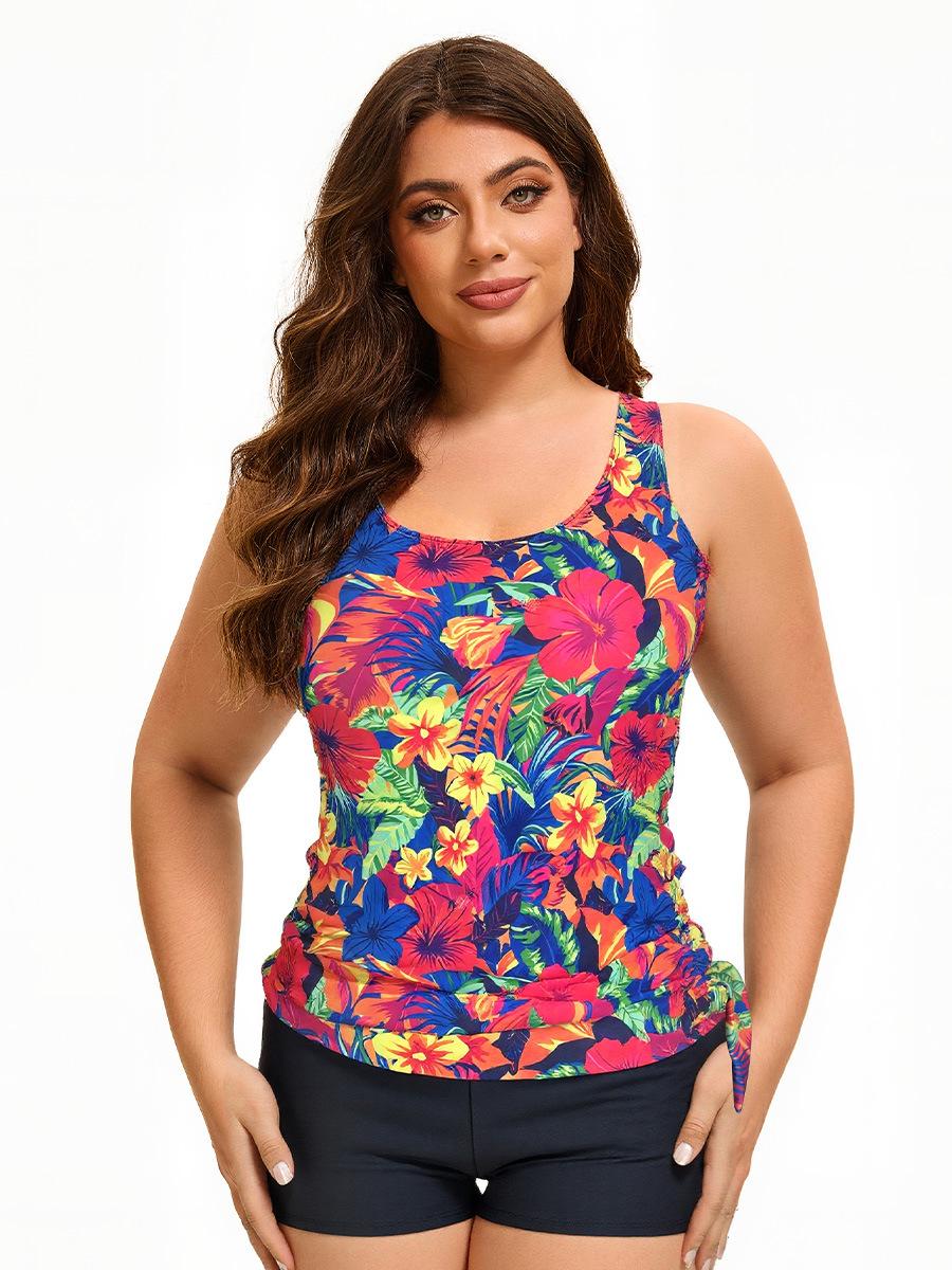 2026 European and American large-size printed split two-piece swimsuit women s boxers conservative swimsuit XL