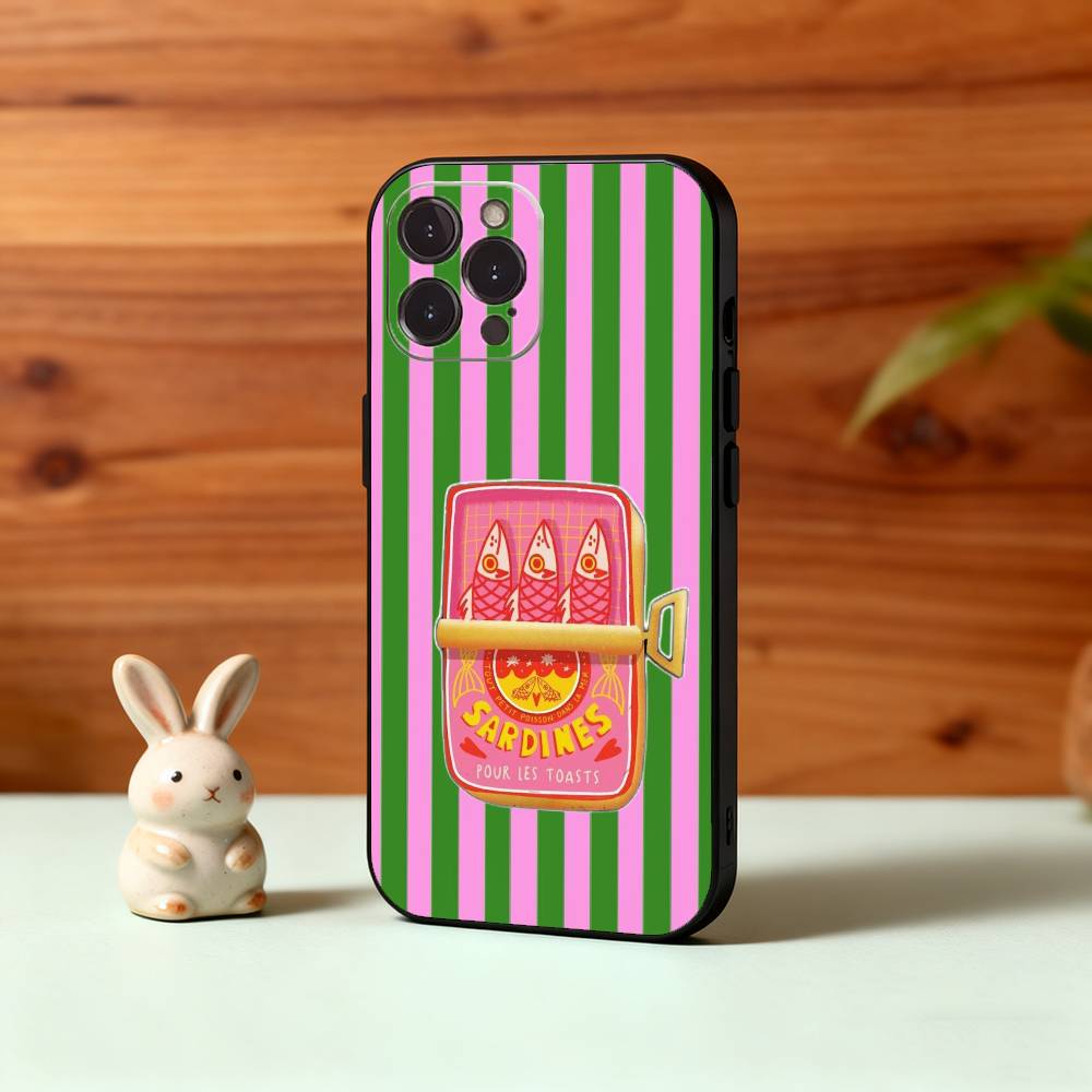 

V-Vintage Canned Sardines Phone Case For iPhone17,16,15,14,13,12Plus,Pro Max,XS,5G Soft Silicone Black Cover iPhone15promax