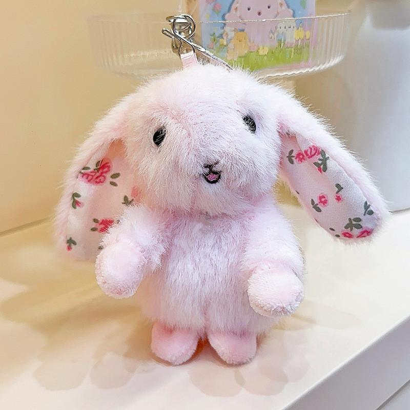 Hanging Rustic Ear Rabbit Plush Pendant With Broken Flowers Inside Ears For Gift