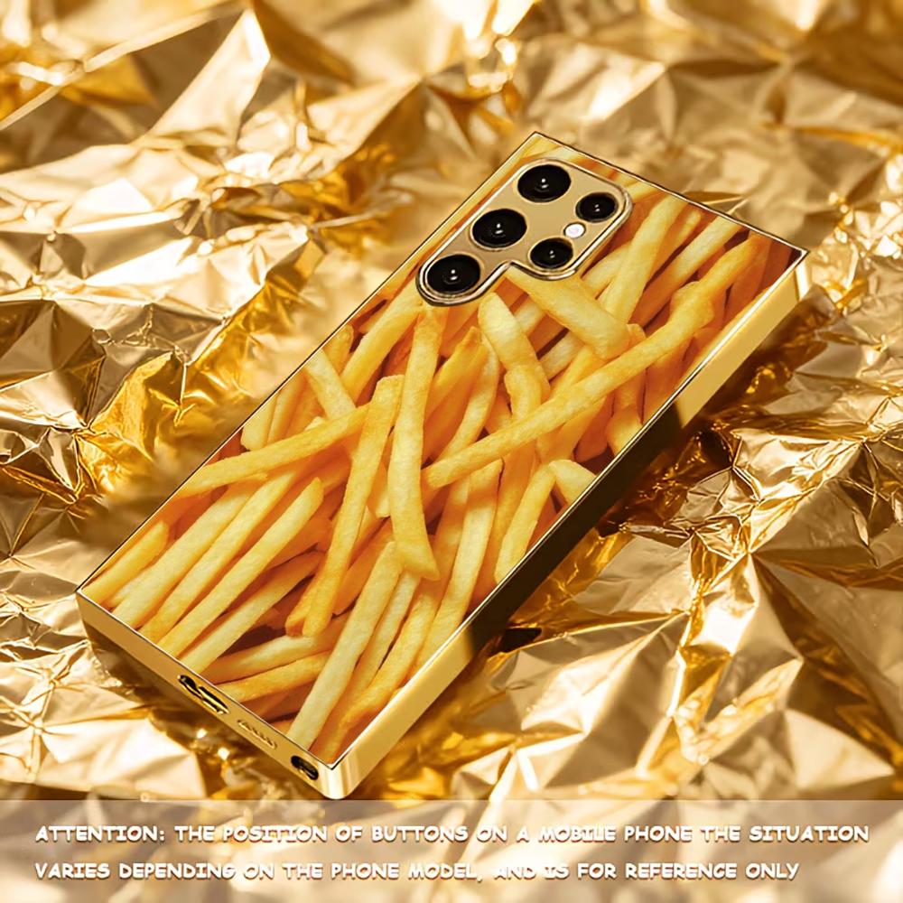 Gold French fries Atmosphere High-end Electroplating Glass PhoneCase for Samsung Galaxy S26 S25 S24 S23 S22 S21 FE,Ultra,Plus