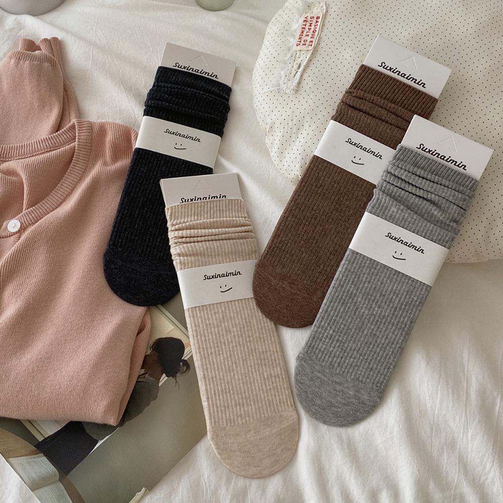 Stacked socks women's autumn and winter solid color mid-tube cotton socks Korean version ins trendy simple and versatile stockings