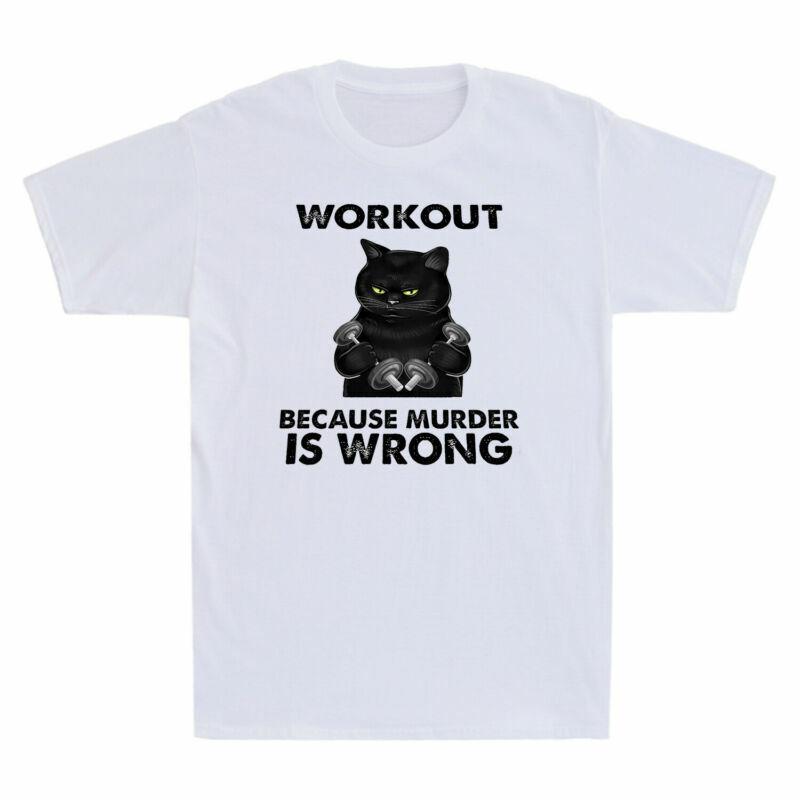 Retro Fitness Because Gym Black Tshirt Cat Wrong Workout Murder Funny Unisexs Is