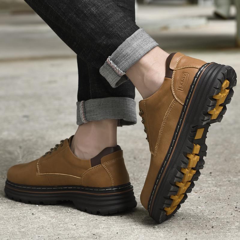 Pánské kožené boty s kulatou špičkou, ležérní pohodlné šněrovací boty se silnou podrážkou pro muže, oxfordské boty, protiskluzové, odolné proti opotřebení, venkovní pánské boty