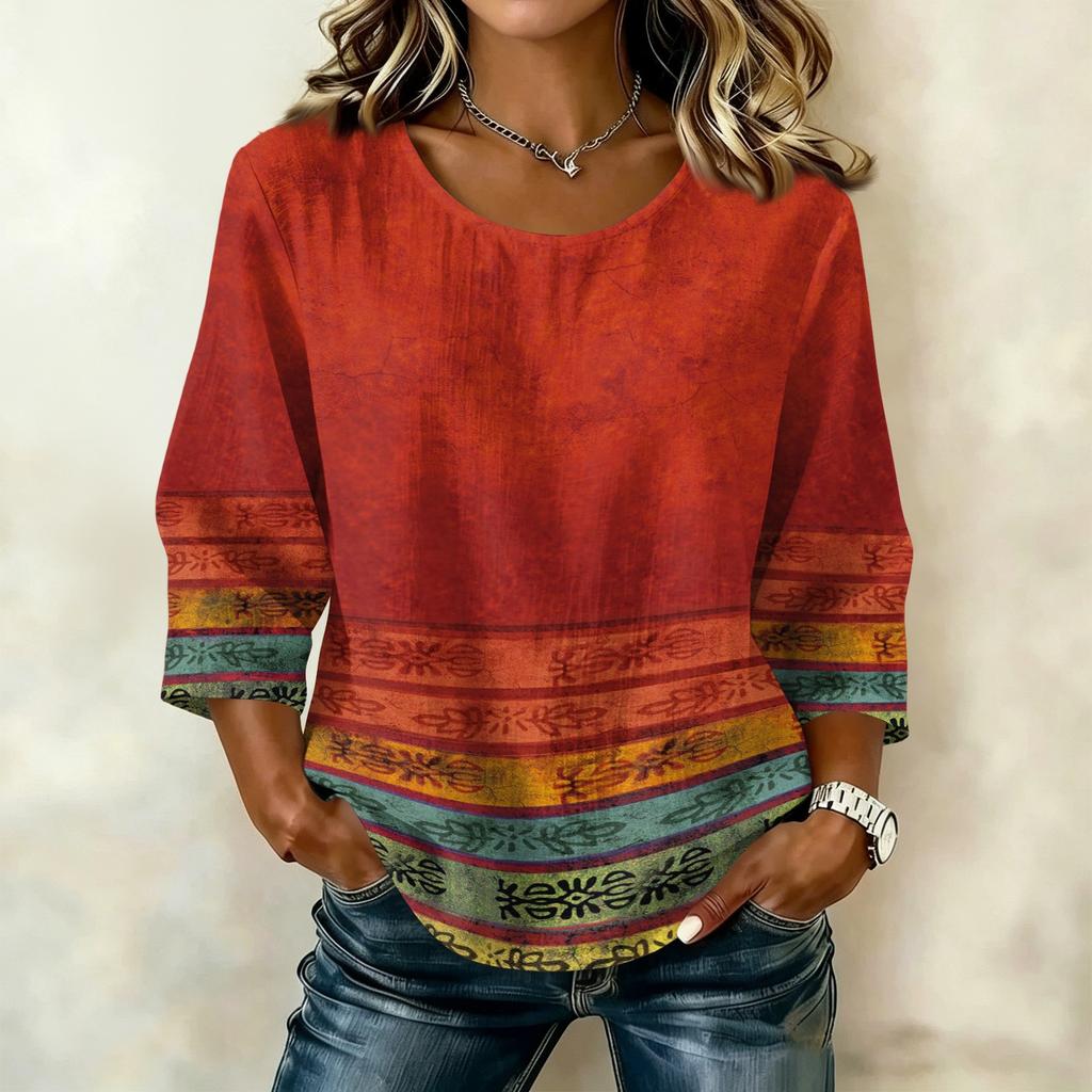 Damen Casual Blumenmuster Rundhals Dreiviertelarm Baumwolle Leinen Oberteil Leicht Atmungsaktive Bluse für den täglichen Gebrauch