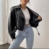 Womens Short PU Leather Moto Jacket Slim Fit Street Style Outerwear Black Wine Beige Brown Peach
