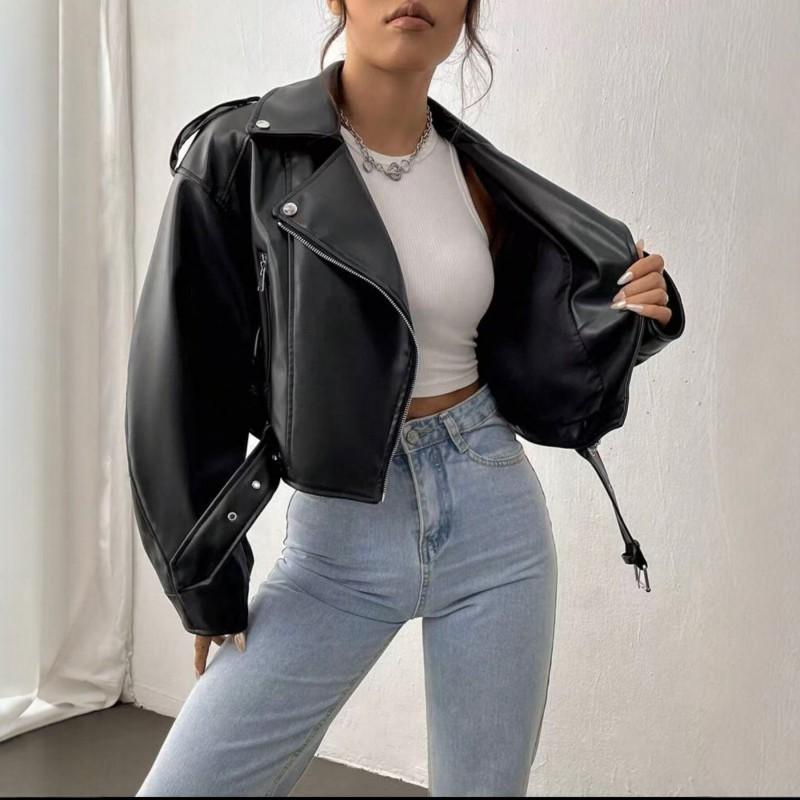 Womens Short PU Leather Moto Jacket Slim Fit Street Style Outerwear Black Wine Beige Brown Peach