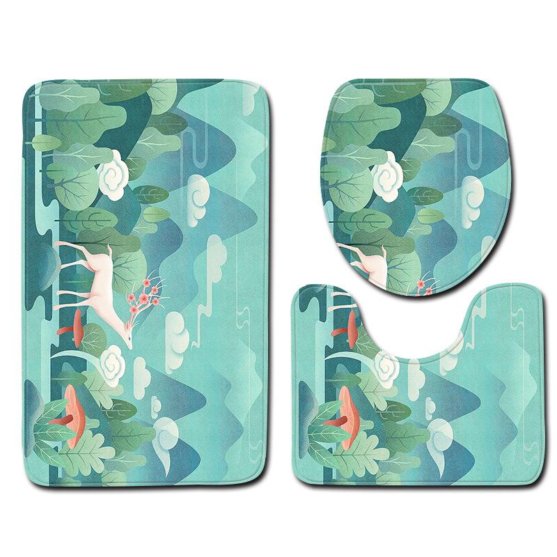 3D Elk Sanitary Toilet Three-Piece Floor Mat Door Mat Bathroom Carpet