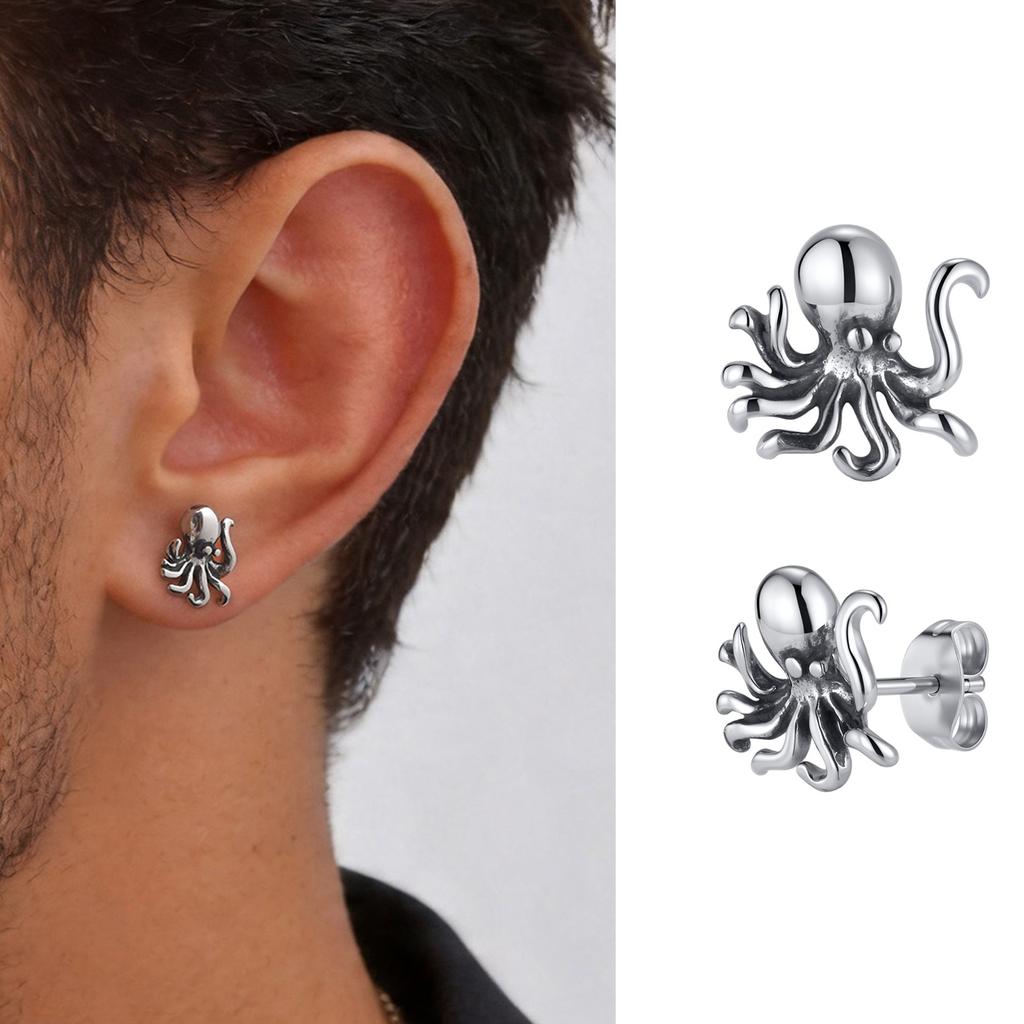 Vintage Octopus Stud Earrings for Men,Hypoallergenic Stainlesss Steel Marine Animal Stud Earrings,Halloween Party Father Gift