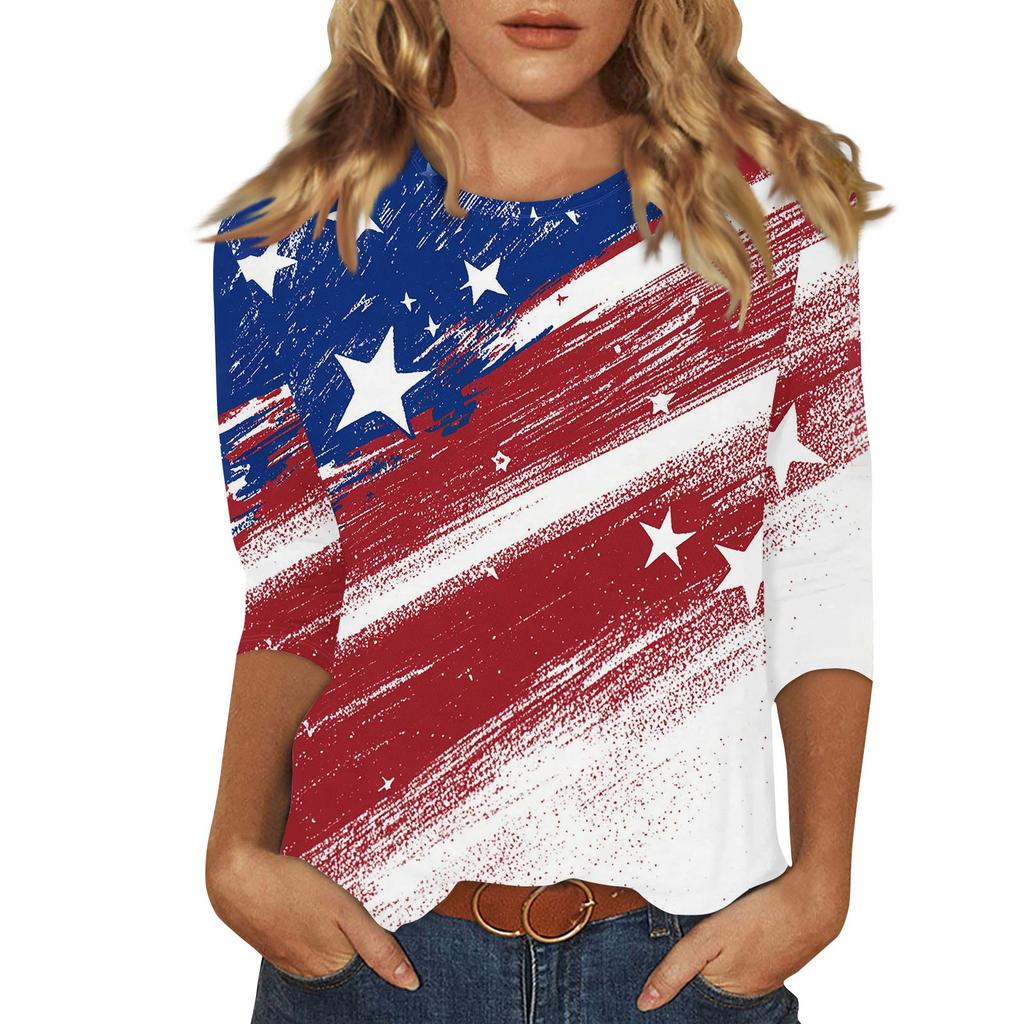 Women's Fashion Casual Round Neck Printed 3/4 T-shirt Top