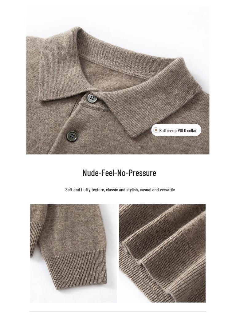 Men's Cashmere Polo Collar Sweater, Solid Color Knitwear, Long Sleeve Button-Up Pullover for Autumn/Winter