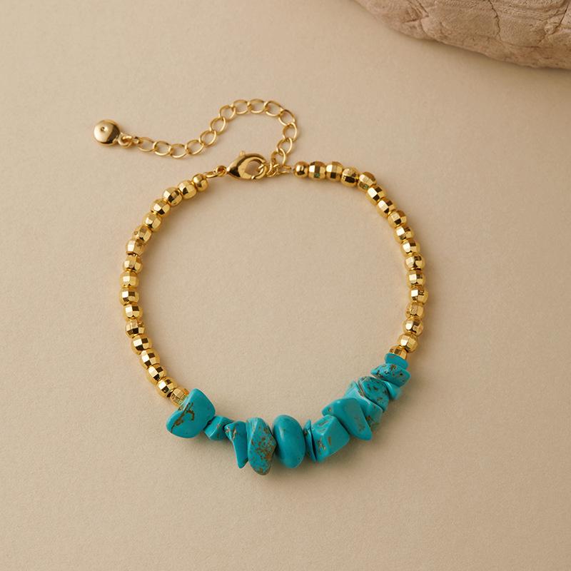 Gold Plated Faceted Bead Irregular Turquoise Chip Beaded Bracelet синий