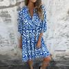 Women's Fashionable V-neck Fresh Printed Temperament Five Quarter Sleeve Dress
