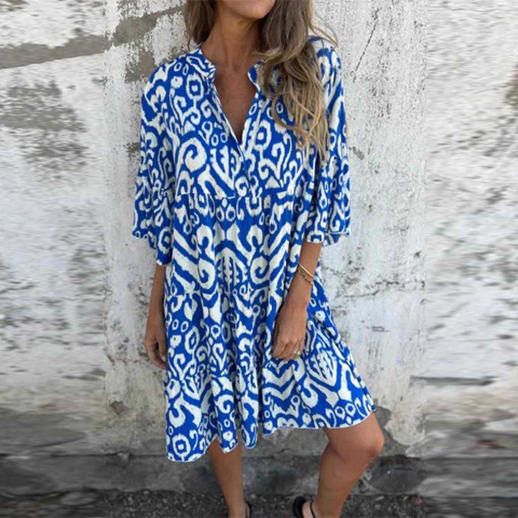 Women's Fashionable V-neck Fresh Printed Temperament Five Quarter Sleeve Dress