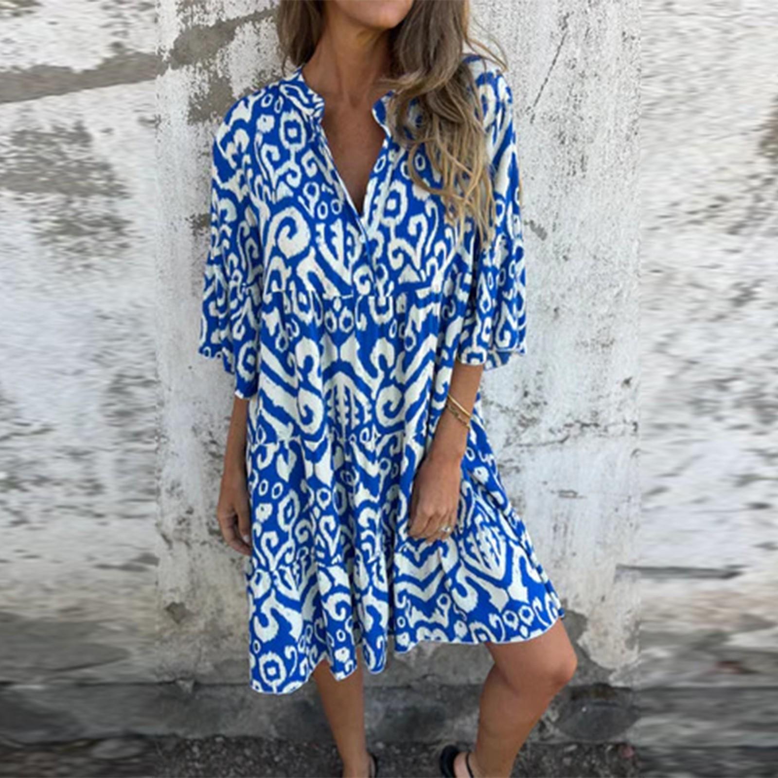 

Женское модное платье с V-образным вырезом, свежим принтом и рукавом три четверти M синий