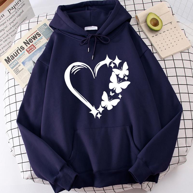 Combination of Love and Butterfly Pattern Long Sleeve Hoodies Women's Trendy Pocket Sweatshirt Vintage Y2k Hooded Clothing