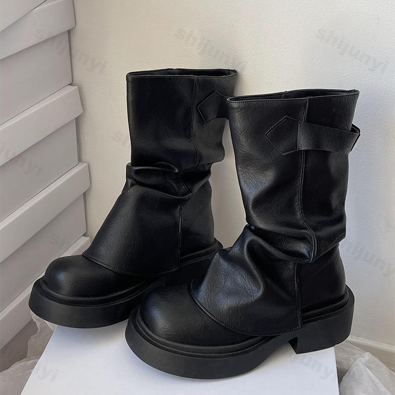 Women Boots 2026 Autumn Round Toe Chunky Platform Mid Calf Boots Fashion Retro British Style Wedges High Top Boots Botas Mujer