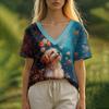 Summer Women's T-Shirt Oil Painting Puppy Print Casual Short-Sleeved 3d T-Shirt Fashion Street Wear V-Neck Pullover Oversized Wo
