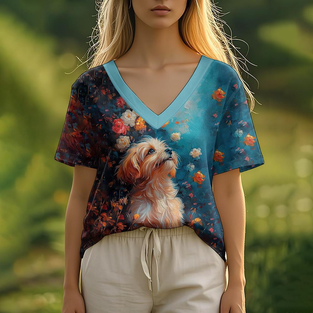 Summer Women's T-Shirt Oil Painting Puppy Print Casual Short-Sleeved 3d T-Shirt Fashion Street Wear V-Neck Pullover Oversized Wo