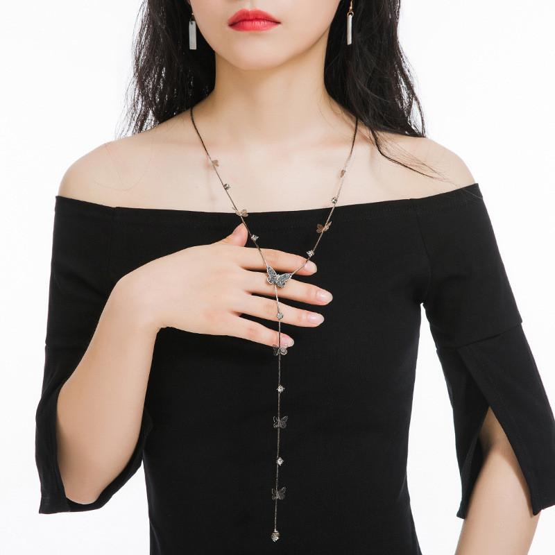 Elegant Korean Style Rhinestone Butterfly Tassel Sweater Necklace For Women