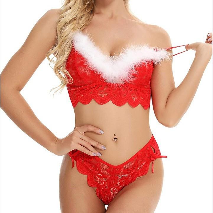 European & American Lace See-Through Christmas Lingerie Set - 3 Pieces