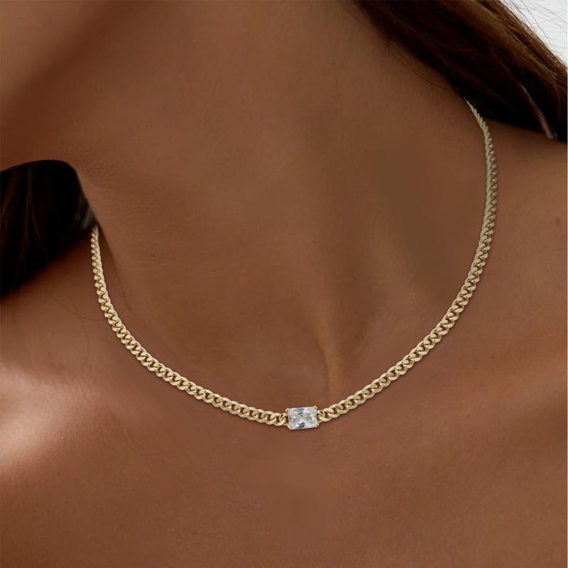 Cubic Zirconia Gold-Plated Cuban Chain Necklace - European American Fashion Statement for Women