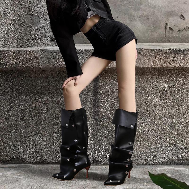 Wrinkled Rivet Pile Boots 2025 Autumn New European and American Style Pointed Toe Thin Heel High Heel Long Tube Women's Boots