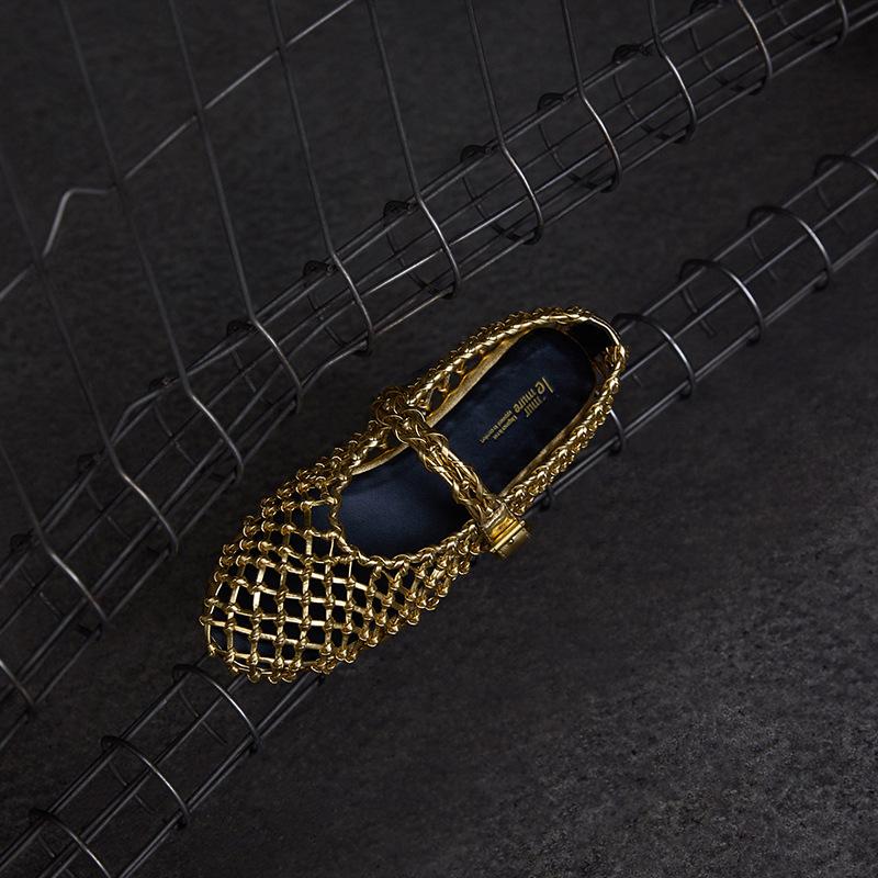 

Sheepskin version~ niche woven hollow breathable one-word belt leather Mary Jane single shoes women s flat hole shoes 35