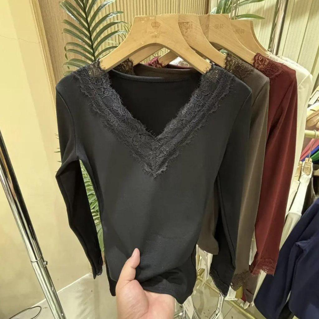 Women's Lace Trim V-Neck T-Shirt, Slim Fit, Long Sleeve, Ruffle Detail, Ideal for Spring and Autumn, Perfect As an Inner Layer.