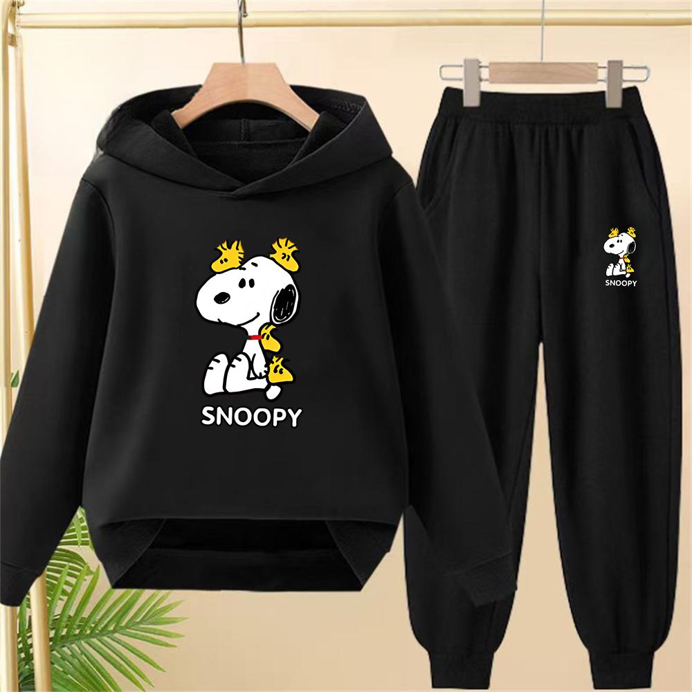Children Snoopy Print Black Hoodie Pullover Boys Girls Coat Sweatshirt+Pants Toddler Clothes Autumn Winter Leisure Set