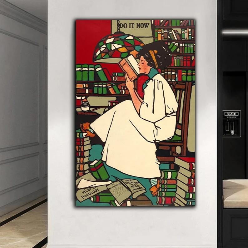 Libro de lectura para mujer y niña, pintura en lienzo Vintage, carteles, retrato de lector de mujer antigua, decoración para habitación de estudio y hogar