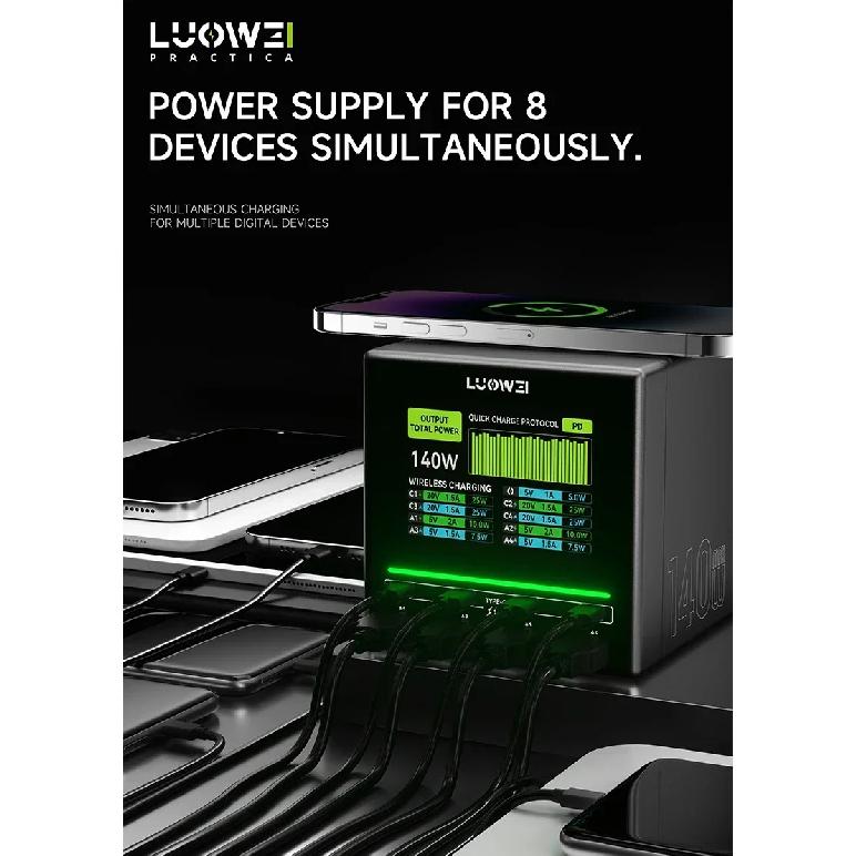 Luowei LW-U1 140W Raptor Desktop Charging Station 15W Wireless Fast Charging for Phone Watch PC Multi Port USB Charger