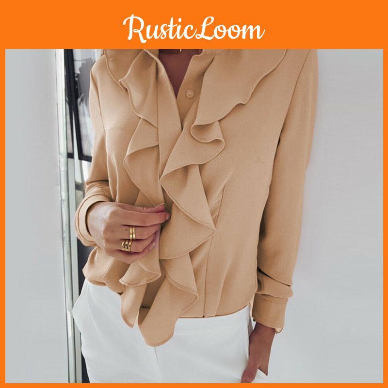Elegant Womens Ruffle Summer Long Sleeve Solid Plain Blouse Shirt For Office Wear
