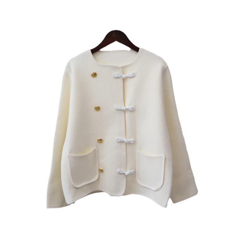 Autumn and Winter New Buckle Design Sense Knitted Double-sided Nylon Cardigan Temperament Sweater Jacket Women