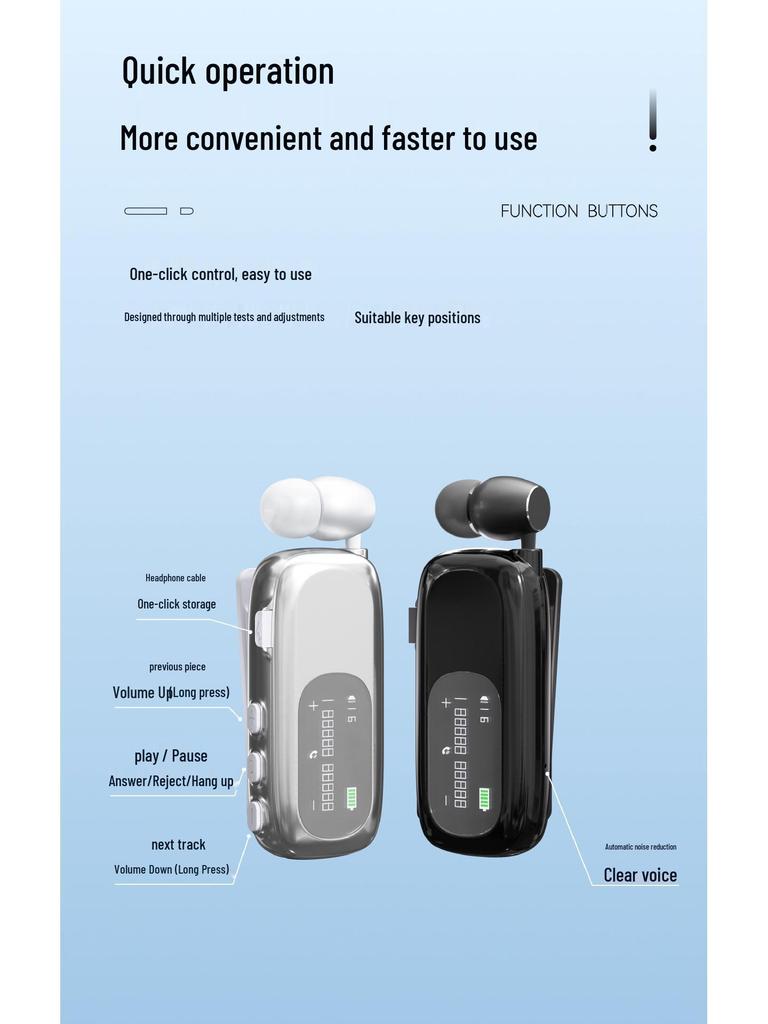 Einziehbarer Bluetooth-Kopfhörer: In-Ear, Einzelohr, Geschäftsanruf, Lange Akkulaufzeit