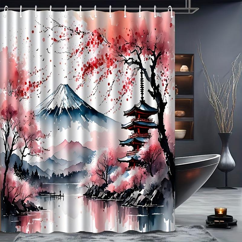 1pc Fuji cherry blossom pattern shower curtain, polyester fabric, machine washable, with hooks, suitable for bathroom decoration