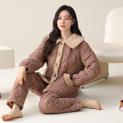 Schlafanzug Damen Winter Dreilagig Verdickt Fleece Warm Gewebte Baumwolle Gepolstert Herbst und Winter Korallenfleece Loungewear